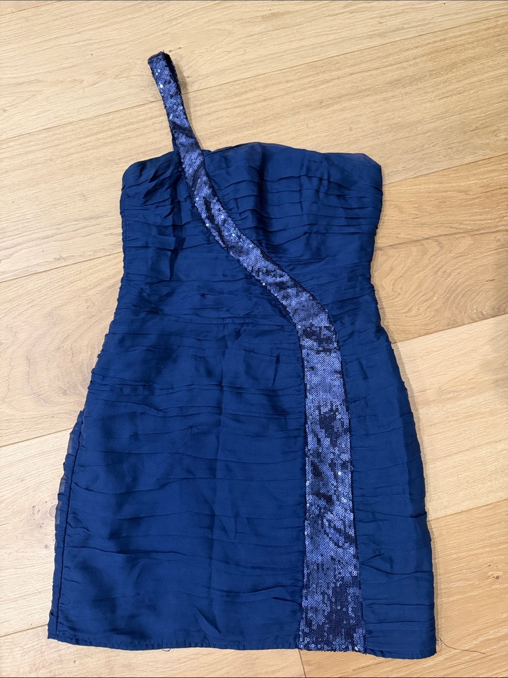ABS Allen Schwartz One-Shoulder Navy Dress with Sequin Accent
